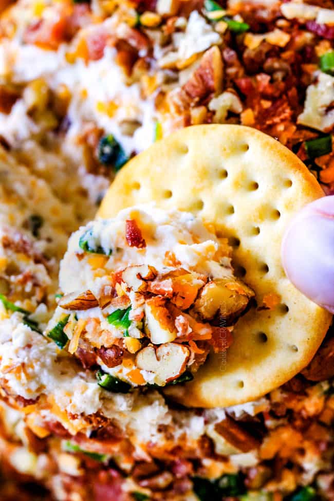 Bacon Ranch Cheese Ball on a cracker.