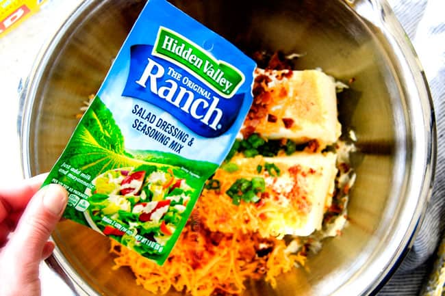 Bacon Ranch Cheese Ball adding Ranch Hidden Valley seasonings.
