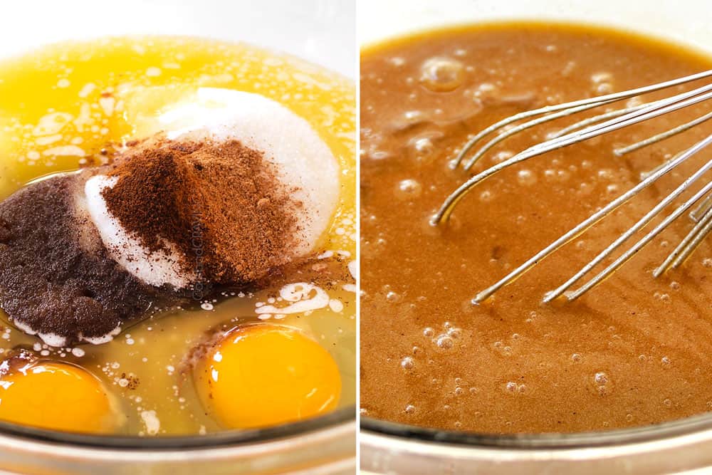 showing how to make filling by whisking butter, eggs, corn syrup, sugar, brown sugar and vanilla together