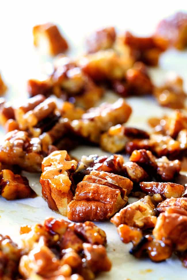 Close up of Caramelized Pecans for Roasted Butternut Squash Salad.
