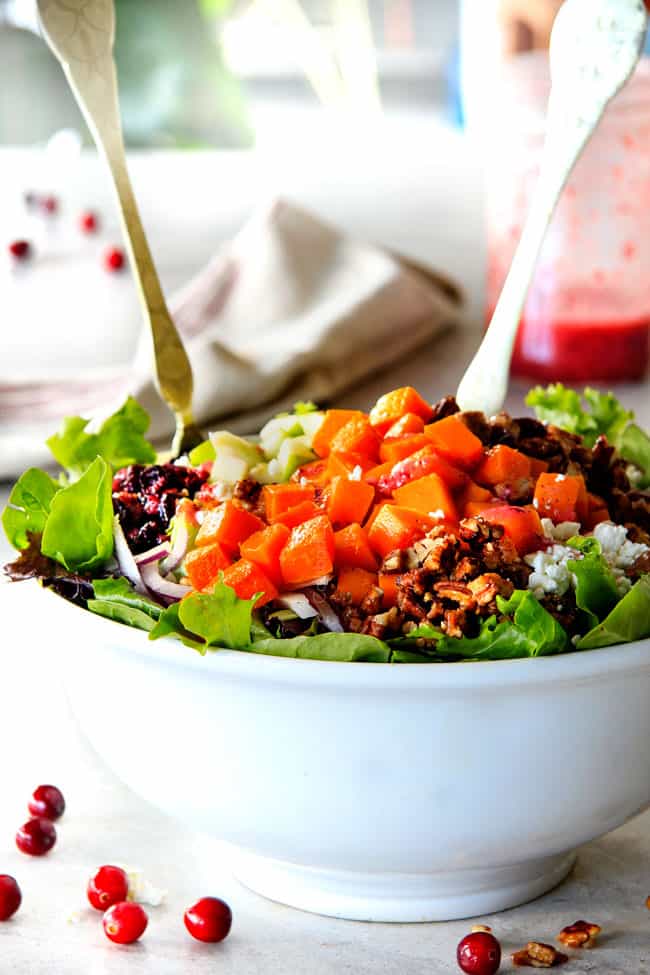 Roasted Butternut Squash Salad in a white bowl.
