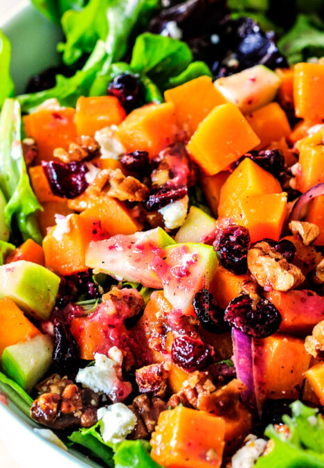 Roasted Brussels Sprouts Salad with Cranberries, Caramelized Pecans and Goat Cheese with the most incredible CRANBERRY VINAIGRETTE belongs on your table this Thanksgiving and all Autumn long! This is one of my favorite salads EVER and is the perfect STRESS FREE make ahead side!!!