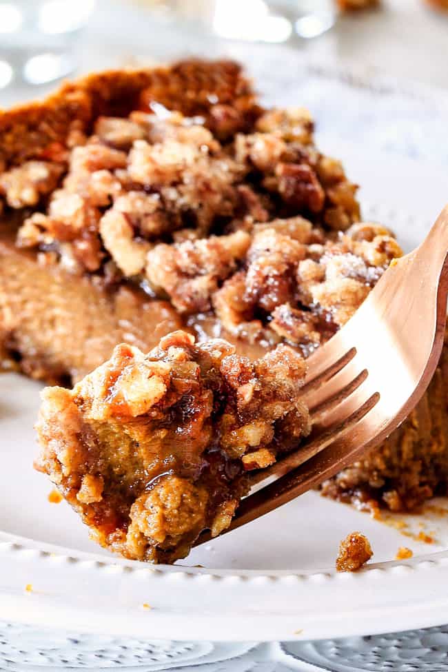 Prailine Pumpkin Pie on a fork.