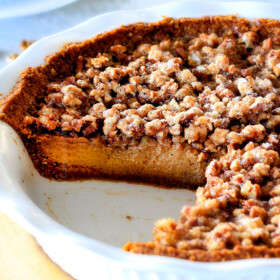 I will never go back to just Pumpkin Pie again! This Pumpkin PRALINE Pie is a Thanksgiving and Christmas must! Creamy pumpkin pie topped with crunchy, chewy brown sugar pecans for the perfect flavor and texture combination in every bite! Â