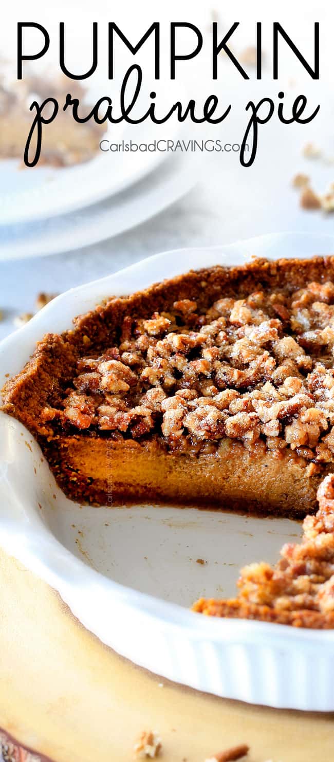 I will never go back to just Pumpkin Pie again! This Pumpkin PRALINE Pie is a Thanksgiving and Christmas must! Creamy pumpkin pie topped with crunchy, chewy brown sugar pecans for the perfect flavor and texture combination in every bite!