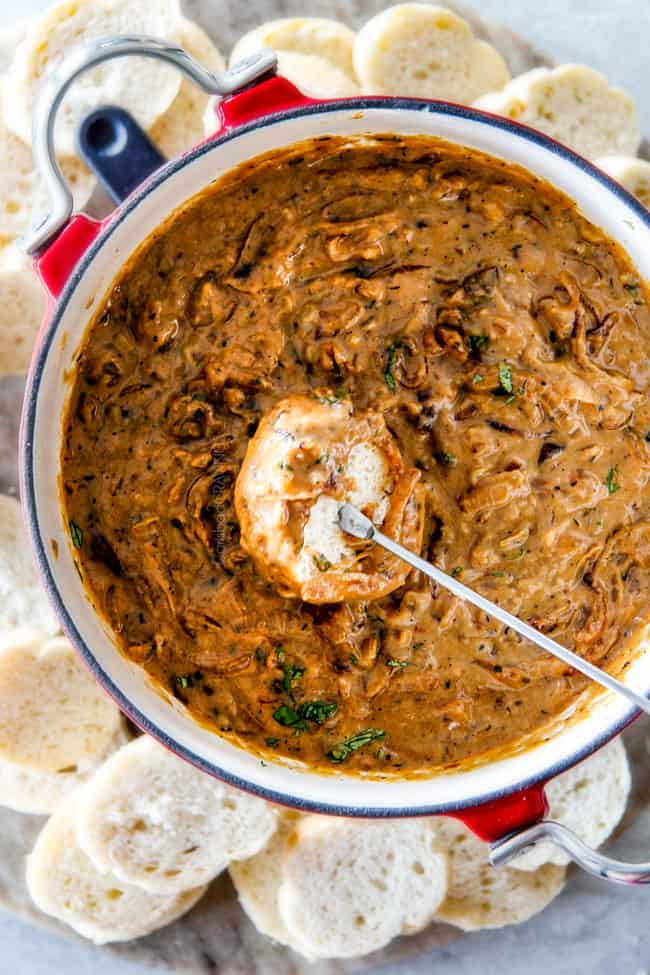 This French Onion Cheese Fondue with rich, deeply caramelized onions and bubbling Gruyere and Smoked Gouda is a party MUST! Its easy to prepare, crazy delicious and the hit of every party!