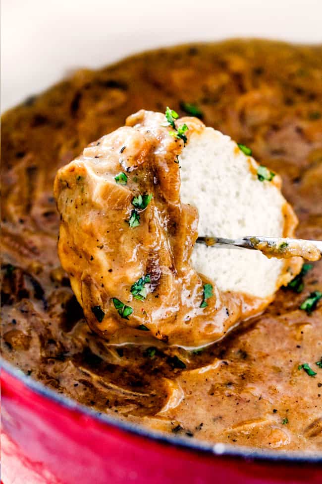 This French Onion Cheese Fondue with rich, deeply caramelized onions and bubbling Gruyere and Smoked Gouda is a party MUST! Its easy to prepare, crazy delicious and the hit of every party!