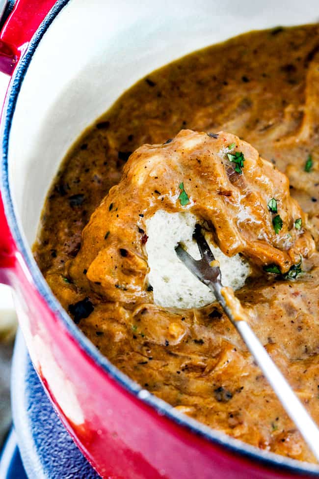 This French Onion Cheese Fondue with rich, deeply caramelized onions and bubbling Gruyere and Smoked Gouda is a party MUST! Its easy to prepare, crazy delicious and the hit of every party! a