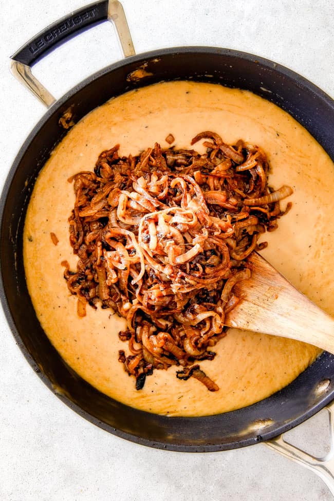 This French Onion Cheese Fondue with rich, deeply caramelized onions and bubbling Gruyere and Smoked Gouda is a party MUST! Its easy to prepare, crazy delicious and the hit of every party!