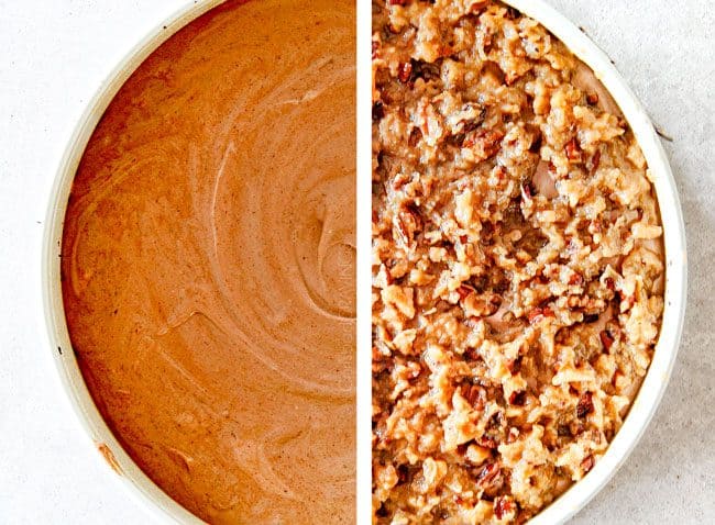 Showing how to make German Chocolate Cheesecake.