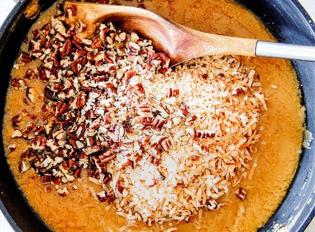 Showing how to make German Chocolate Cheesecake toppings.