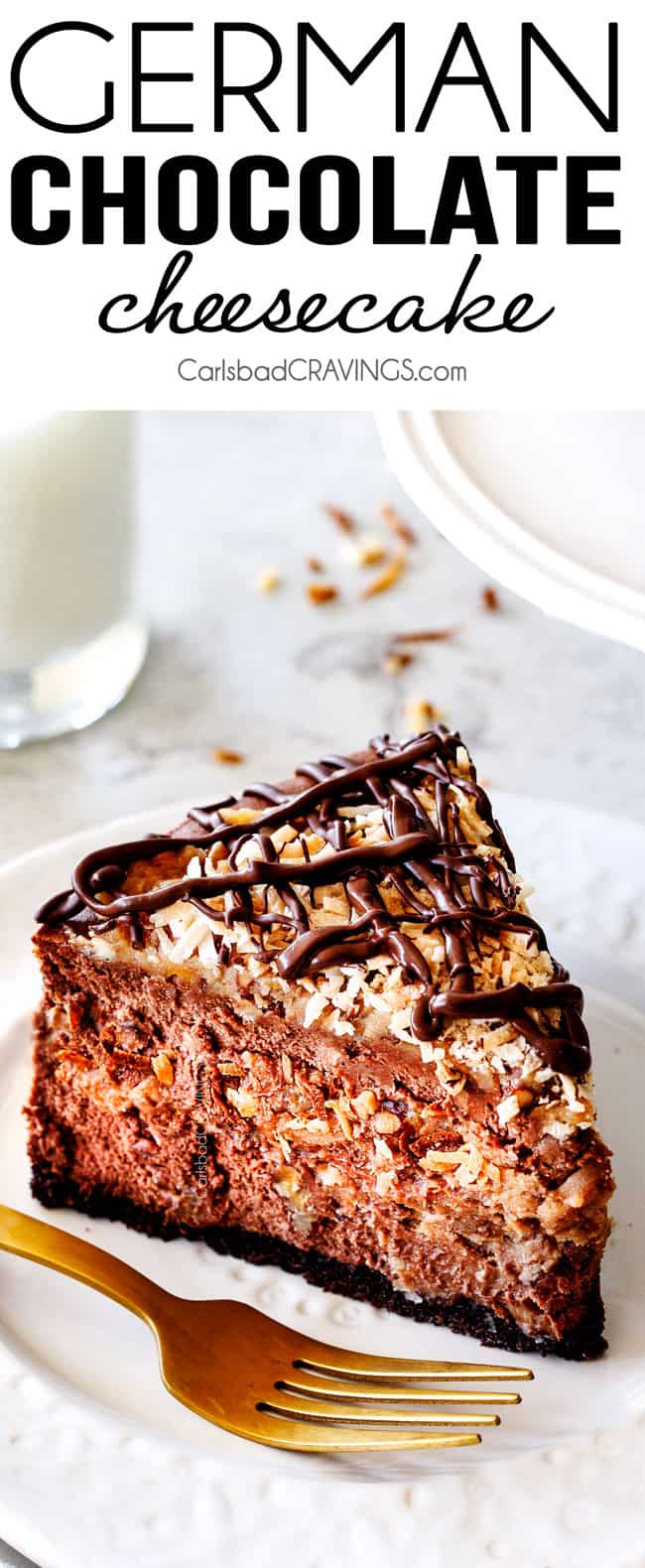 German Chocolate Cheesecake with a gold fork on a white plate. 