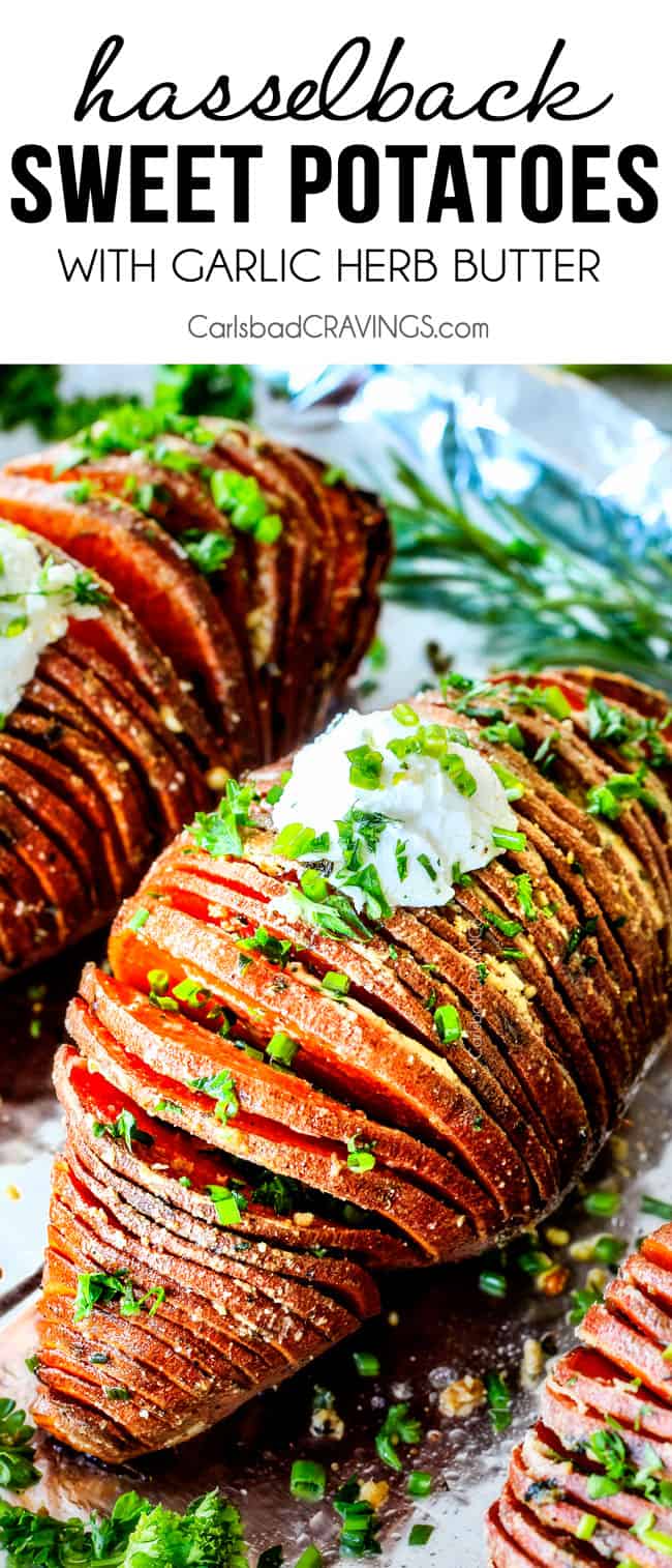 These Hasselback Sweet Potatoes are tender, melt-in-your-mouth and bursting with garlic herb, butter flavor! They look wonderfully gourmet for holidays and special occasions but are everyday easy!