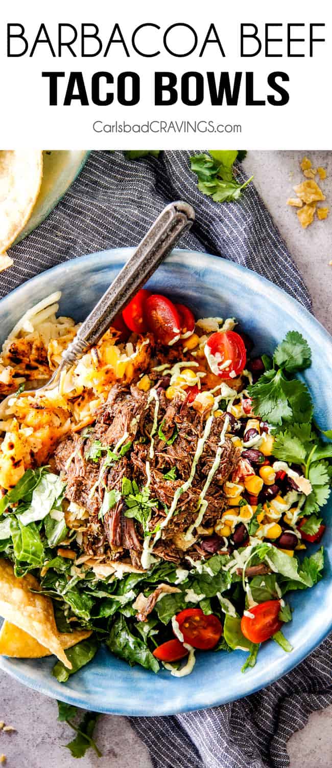These Barbacoa Beef Taco Bowls are SO addicting! They are an explosion of flavor and texture in every juicy, crispy bite and make a fabulous prep ahead dinner or Game Day taco bowl bar favorite!
