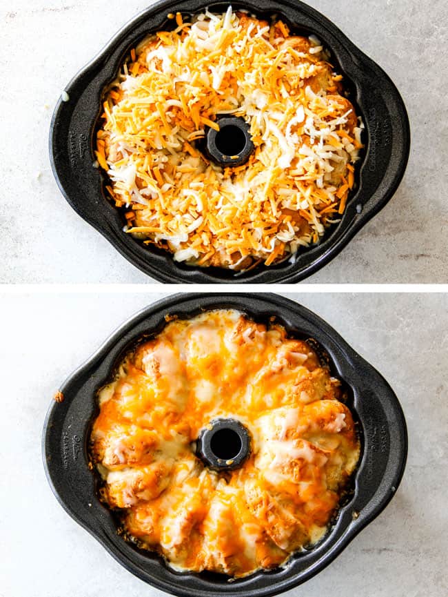 Mega flavorful Buffalo Chicken Pull Apart Bread is your favorite decadent creamy, cheesy dip baked right into a buttery biscuit ring! Crazy delicious EASY crowd pleasing appetizer perfect for parties or game day! It may look super impressive but you won’t believe how easy it is! showing how to make Buffalo Chicken bread ring by melting cheese on top of the biscuit ring in a bundt pan