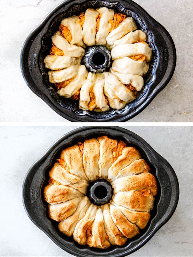 Mega flavorful Buffalo Chicken Pull Apart Bread is your favorite decadent creamy, cheesy dip baked right into a buttery biscuit ring! Crazy delicious EASY crowd pleasing appetizer perfect for parties or game day! It may look super impressive but you won’t believe how easy it is! showing how to make Buffalo Chicken Pull Apart Bread by adding biscuits and buffalo chicken dip to a bundt pan and baking until golden