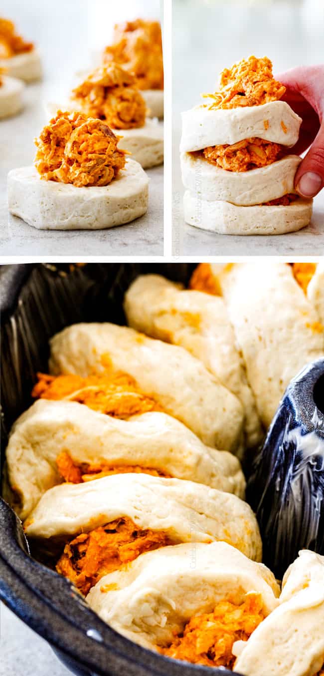 Mega flavorful Buffalo Chicken Pull Apart Bread is your favorite decadent creamy, cheesy dip baked right into a buttery biscuit ring! Crazy delicious EASY crowd pleasing appetizer perfect for parties or game day! It may look super impressive but you won’t believe how easy it is! showing how to make Buffalo Chicken Pull Apart Bread by adding buffalo chicken to biscuits, stacking and putting in a bundt pan