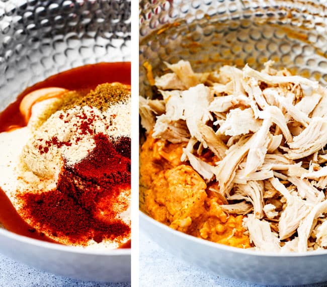 Mega flavorful Buffalo Chicken Pull Apart Bread is your favorite decadent creamy, cheesy dip baked right into a buttery biscuit ring! Crazy delicious EASY crowd pleasing appetizer perfect for parties or game day! It may look super impressive but you won’t believe how easy it is! showing how to make Buffalo Chicken Pull Apart Bread with cream cheese, hot sauce and seasonings in a bowl