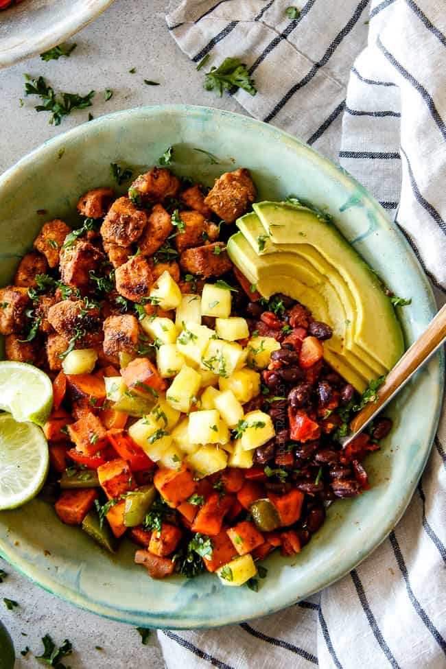 Cajun Chicken Black Bean Bowls with Avocado, Sweet Potatoes & Pineapple