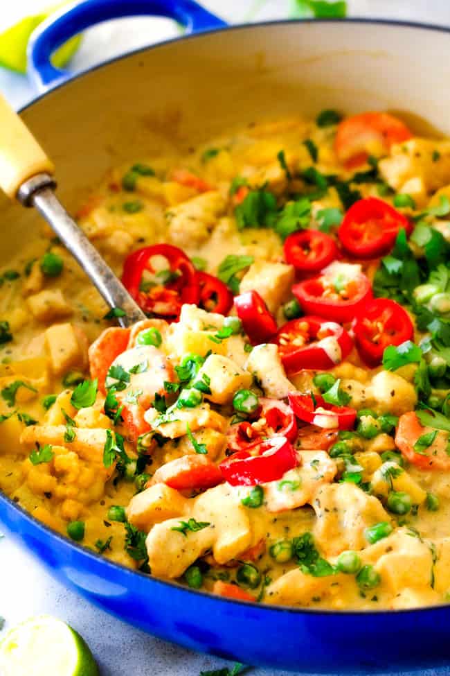 This EASY Thai Yellow Curry with Chicken tastes straight out of a restaurant! Its wonderfully thick and creamy, bursting with flavor and veggies (I highly recommend the listed potatoes, cauliflower and peas) and all made in one pot! Definitely a hit at our house!