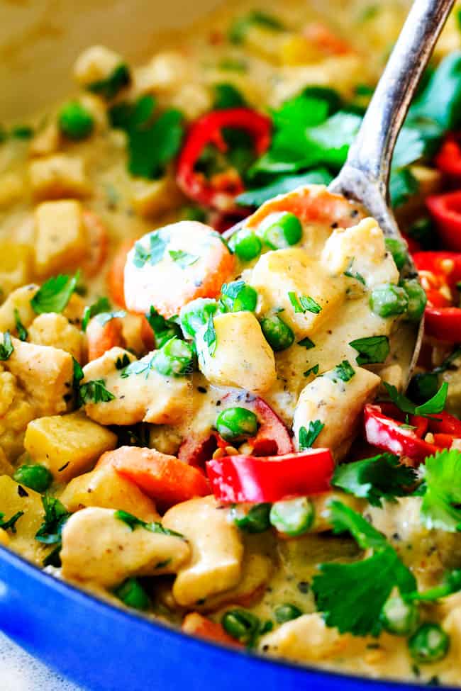 This EASY Thai Yellow Curry with Chicken tastes straight out of a restaurant! Its wonderfully thick and creamy, bursting with flavor and veggies (I highly recommend the listed potatoes, cauliflower and peas) and all made in one pot! Definitely a hit at our house!