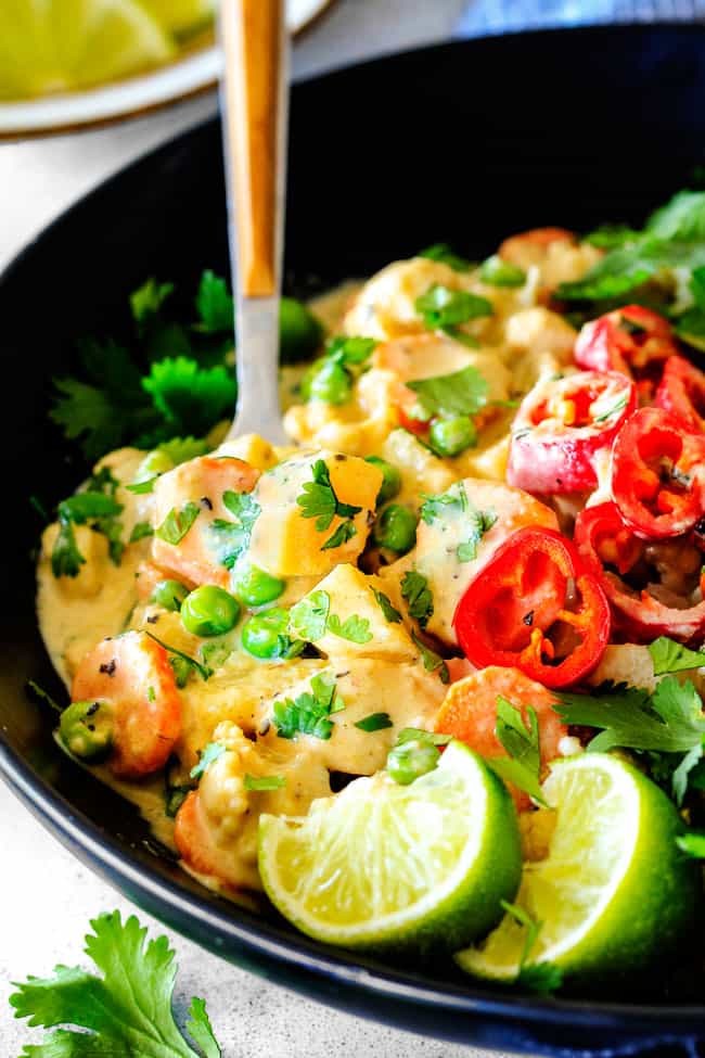 This EASY Thai Yellow Curry with Chicken tastes straight out of a restaurant! Its wonderfully thick and creamy, bursting with flavor and veggies (I highly recommend the listed potatoes, cauliflower and peas) and all made in one pot! Definitely a hit at our house!