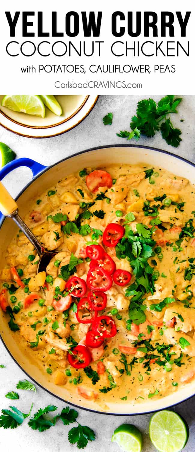 This EASY Thai Yellow Curry Chicken tastes straight out of a restaurant! Its wonderfully thick and creamy, bursting with flavor and veggies (I highly recommend the listed potatoes, cauliflower and peas) and all made in one pot! Definitely a hit at our house!