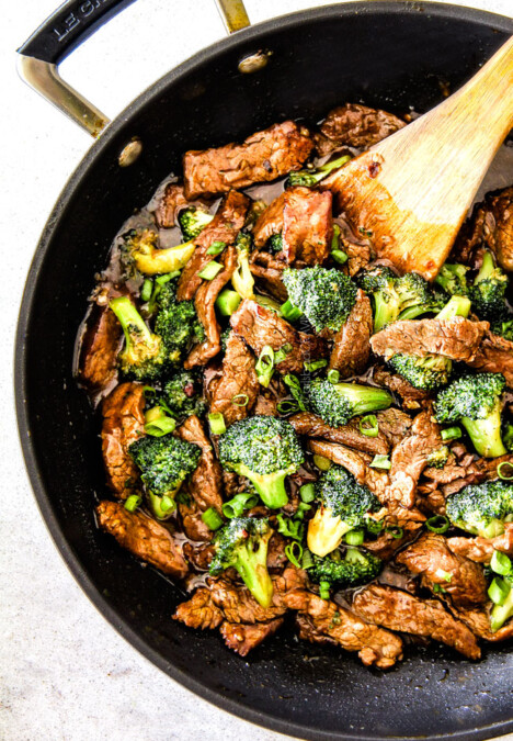 top view of easy Beef and Broccoli in a black skillet