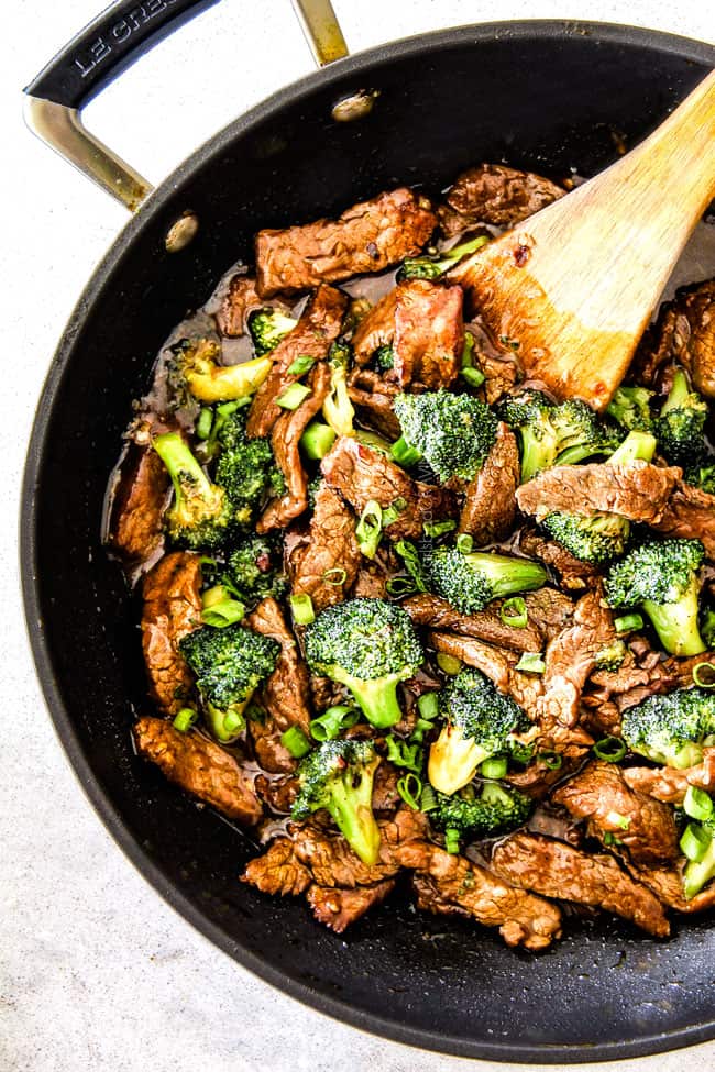 top view of easy Beef and Broccoli in a black skillet 