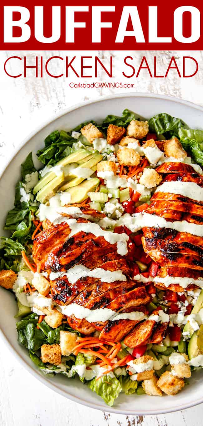 top view of Buffalo Chicken Salad in a white bowl with best buffalo chicken, blue cheese, celery, carrots, avocado, red bell peppers and lettuce with Blue Cheese Dressing Drizzle