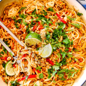 This Chicken Pad Thai Recipe is unbelievable with the most incredible pantry friendly Pad Thai Sauce! It tastes even better than takeout and only 30 minutes to make! You can use chicken or make it vegetarian Pad Thai or Shrimp Pad Thai!