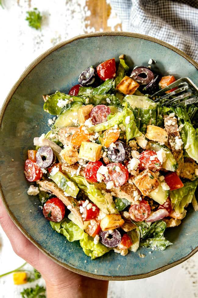 top view of a serving plate of Greek chicken salad tzatziki