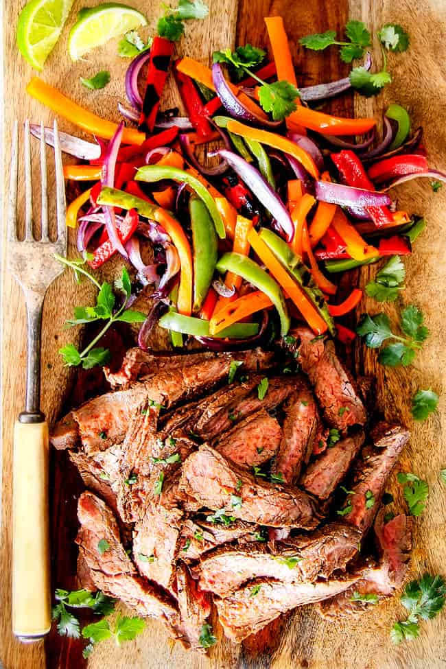 showing how to make steak fajitas by assembling fajitas with thinly sliced stead and bell peppers