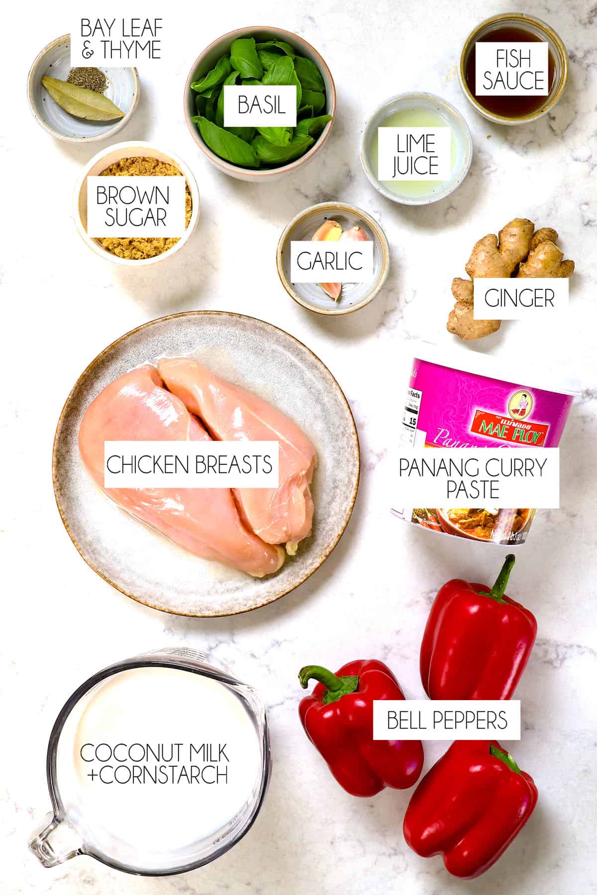 top view of panang curry ingredients: panang curry paste, chicken, basil, fish sauce, lime juice, coconut milk, brown sugar, bell peppers, galric, ginger
