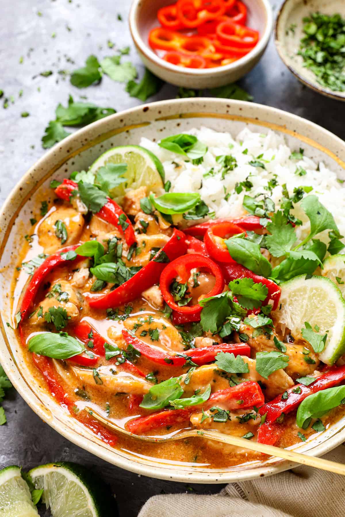 panang curry recipe in a bowl garnished with cilantro and lime juice