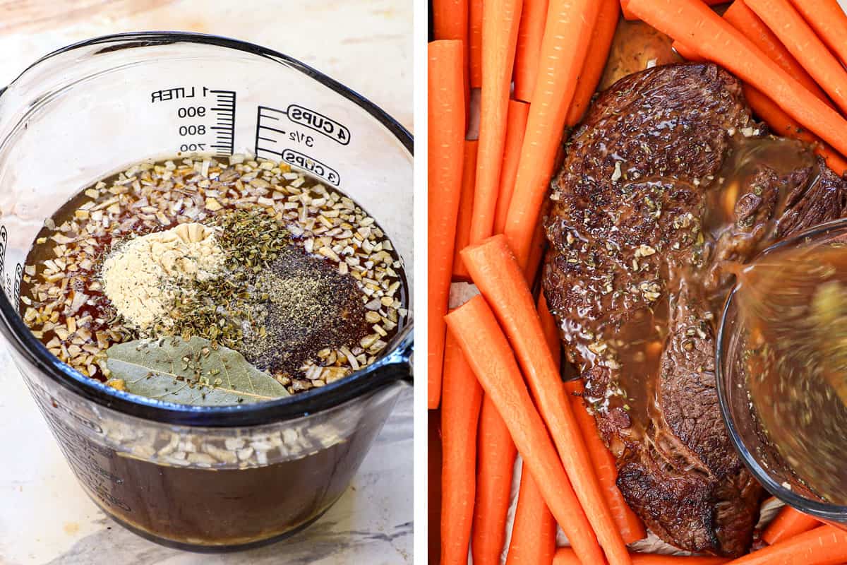 a collage showing how to cook a roast in the oven by whisking beef broth, beef bouillon, Worcestershire sauce and spices together in a glass measuring cup, then pouring the mixture over the roast and carrots in a baking pan