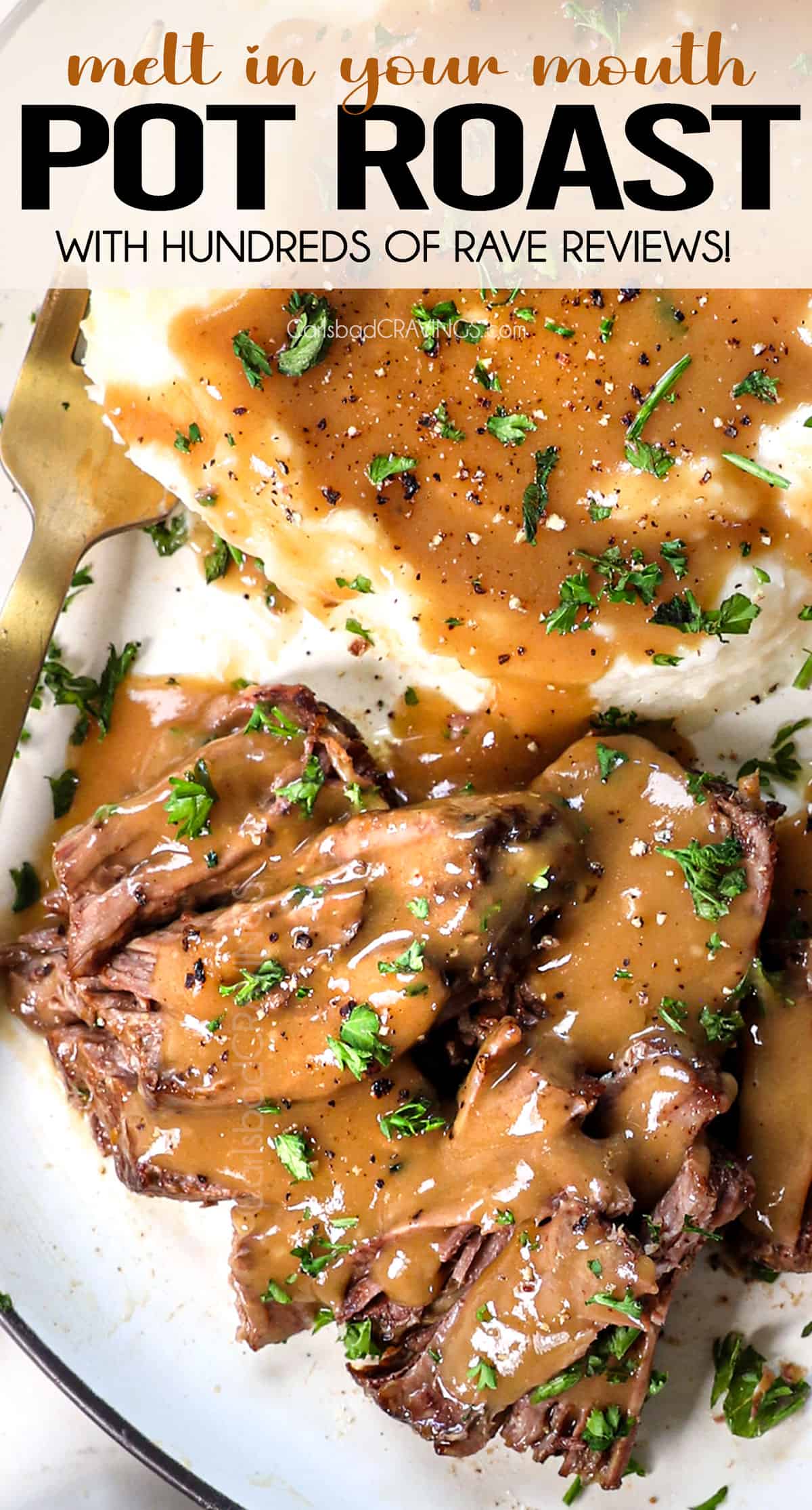 top view of a plate of pot roast recipe with gravy