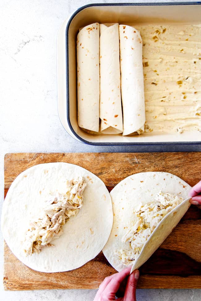 a collage showing how to make Green Chile Chicken Enchiladas. by adding filling to tortillas rolling the tortillas and placing in 9x13 pan