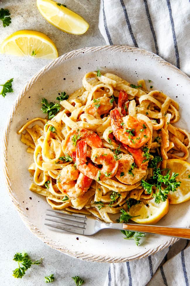 20 MINUTE Lemon Garlic Shrimp Fettuccine is wonderfully creamy, bursting with flavor and so easy!ย The most gourmet tastingย dinner you can make in under 30 minutes!