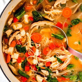 30 MINUTE Miso Soup recipe bursting with chicken, noodles and vegetables swimming in a steaming hot, savory, salty broth is a meal-in-one all made in ONE POT!