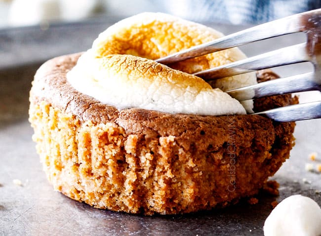 eating s'mores molten lava pies with marshmallow.