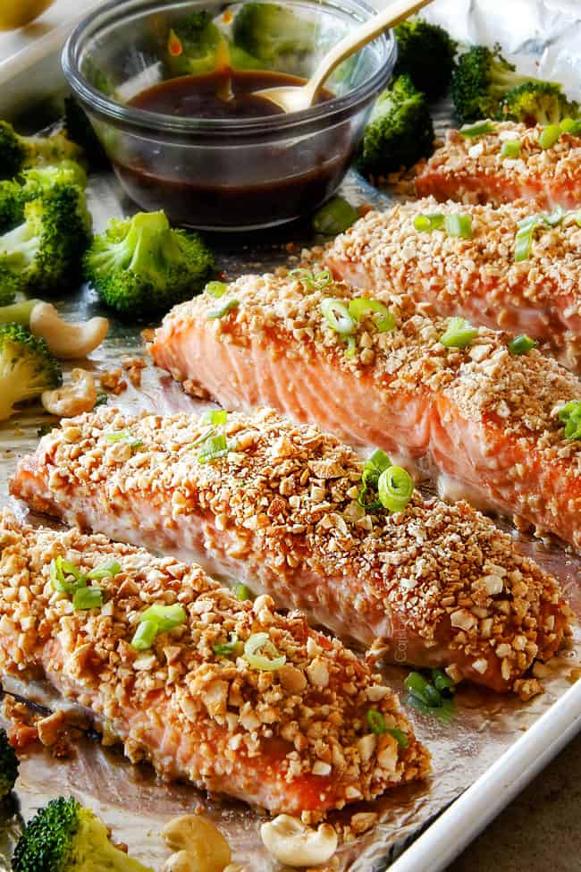 Honey Soy Salmon lined up on baking sheet