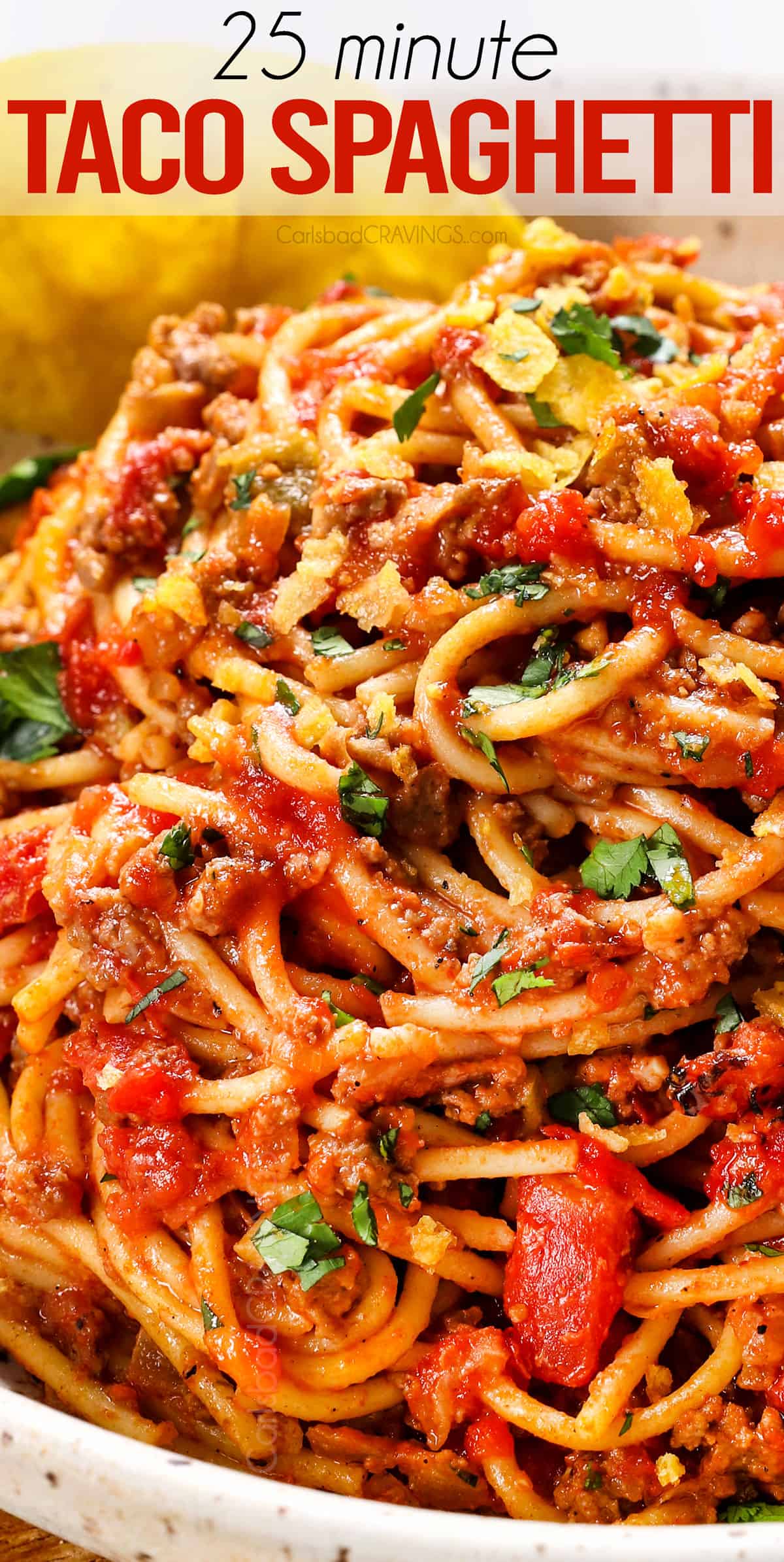 up close of taco spaghetti recipe showing how saucy it is