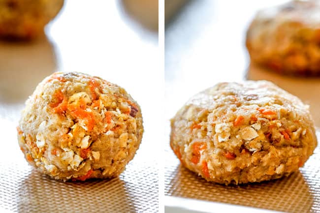 Showing How to make Carrot Cake Cookies by flattening cookies on cookie sheet with palm of hand