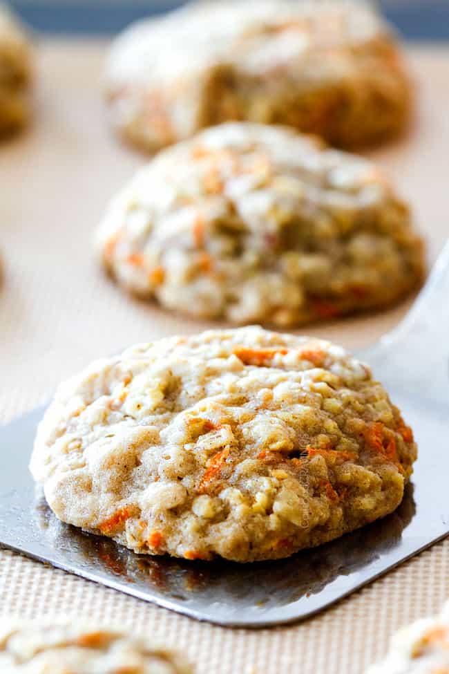 Carrot Cake Cookie on metal spatula on baking rack