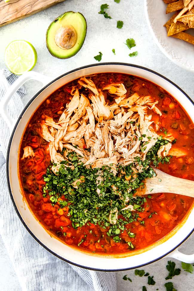 Easy 30-Minute Homemade Chicken Tortilla Soup that tastes better than any restaurant! It's accidentally healthy, easy to double/triple for a crowd, freezer friendly and tastes like it's been simmering for hours but on your table in 30 Minutes! Showing how to make Slow Cooker chicken Tortilla Soup by adding broth and enchilada sauce to soup and cooking for 6 hours