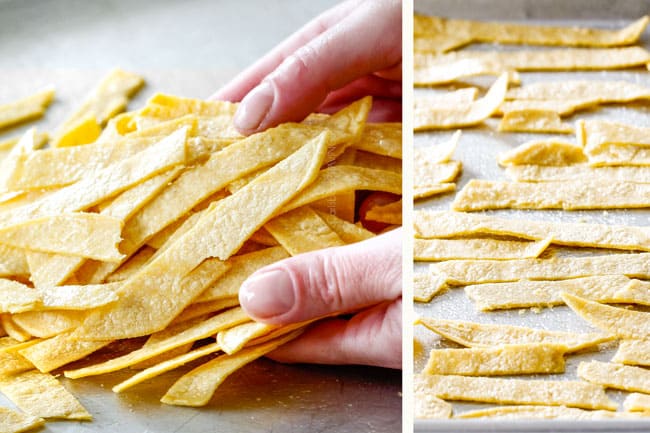 Showing How to Make Tortilla Strips for Chicken Tortilla Soup by tossing tortilla strips with vegetable oil and lining on a baking sheet