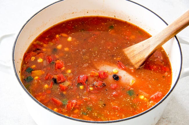 Easy 30-Minute Homemade Chicken Tortilla Soup that tastes better than any restaurant! It's accidentally healthy, easy to double/triple for a crowd, freezer friendly and tastes like it's been simmering for hours but on your table in 30 Minutes! Showing How to Make authentic Chicken Tortilla Soup recipe by stirring chicken broth and chicken in white Dutch oven