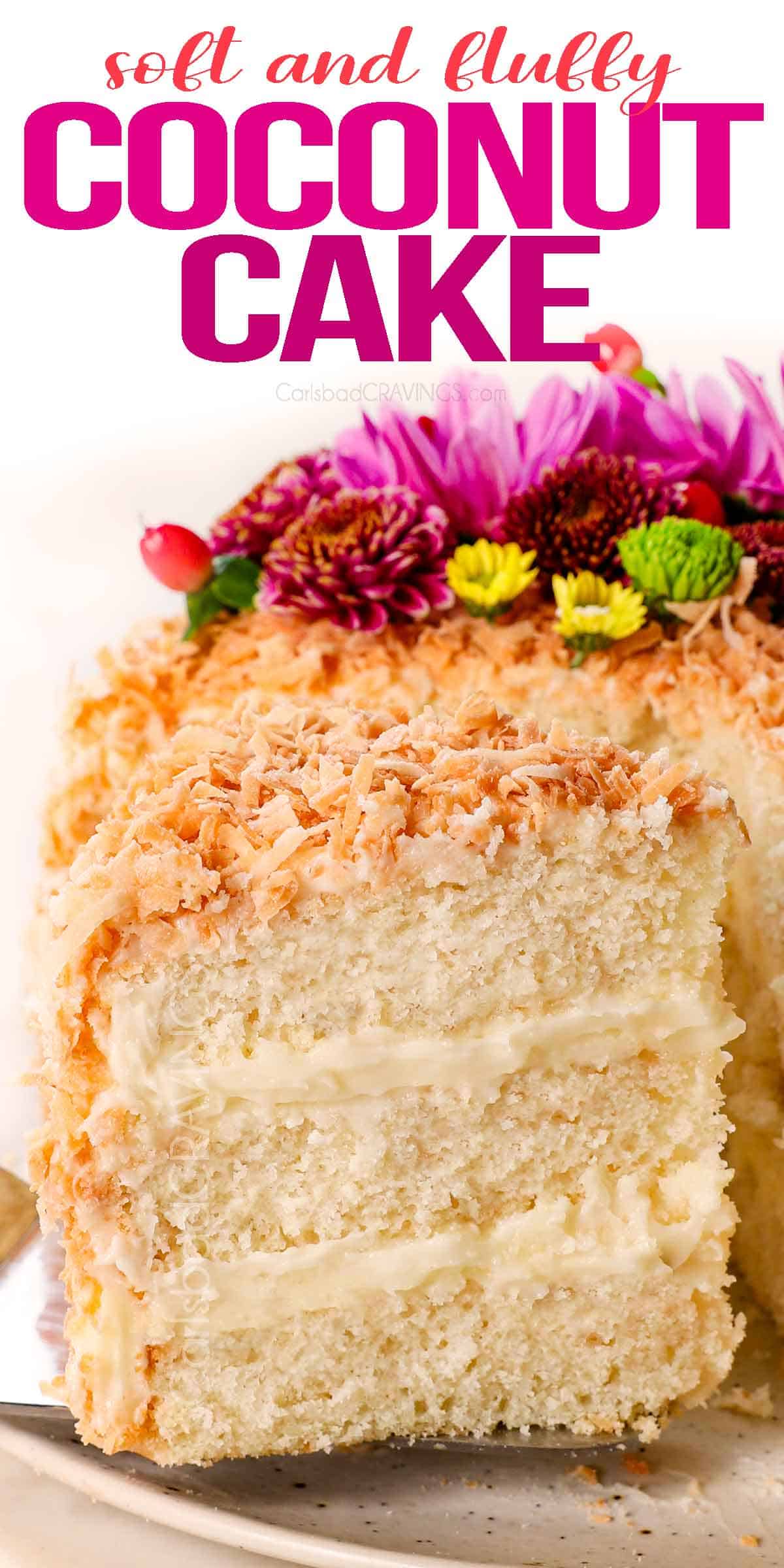 up close of a slice of coconut cake recipe showing how soft and fluffy it is 