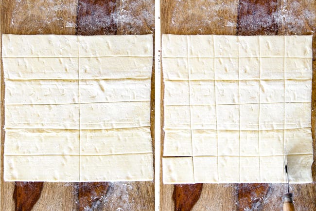 Showing how to make Artichoke Dip Bites by cutting puff pastry into squares on a wood cutting board